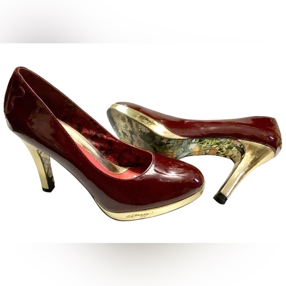 Ed Hardy Red and Gold Patent Leather Heels
